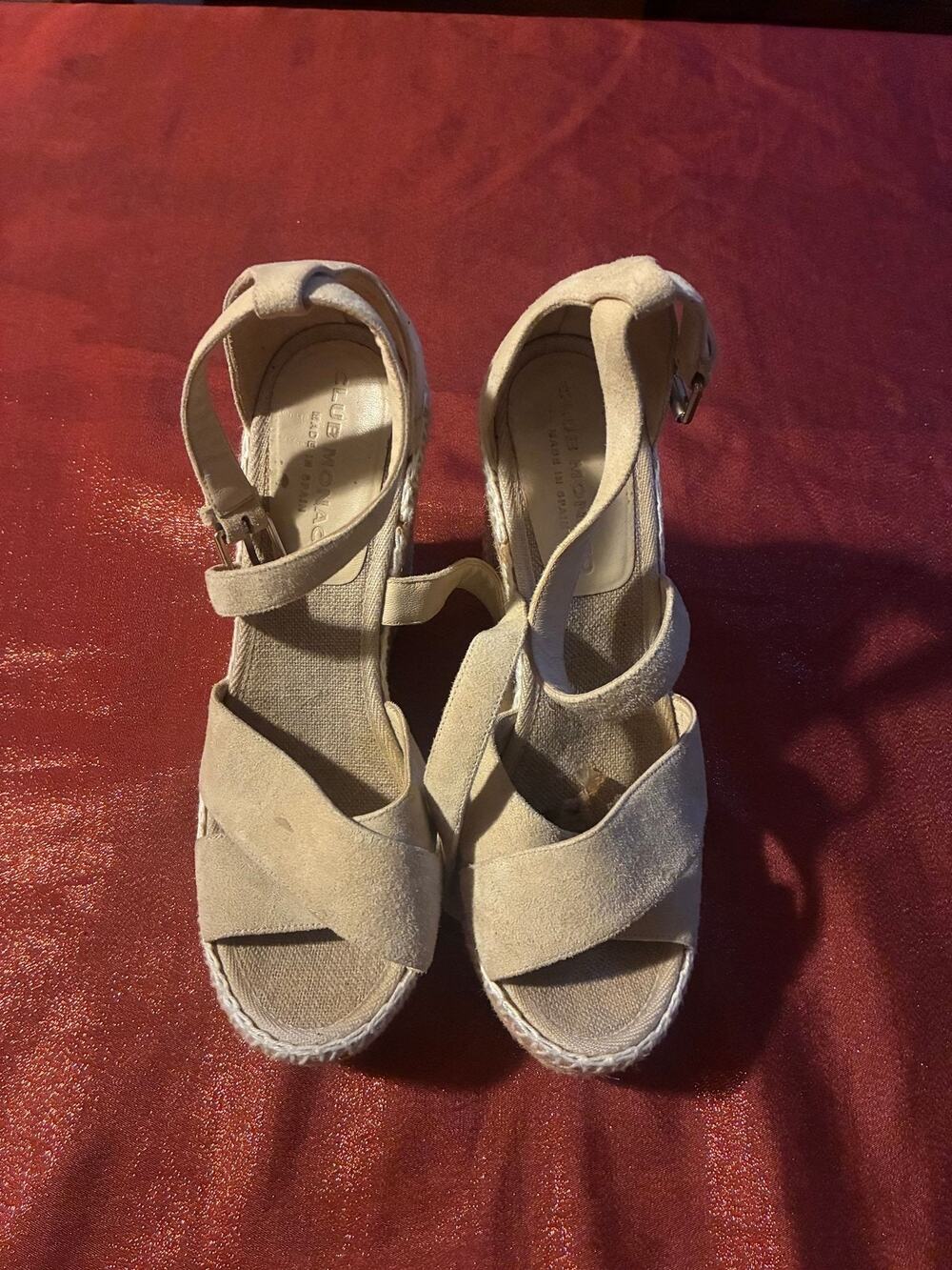 Club Monaco Espadrille Wedge Sandals Womens 37.5 Suede Beige Ankle Strap
